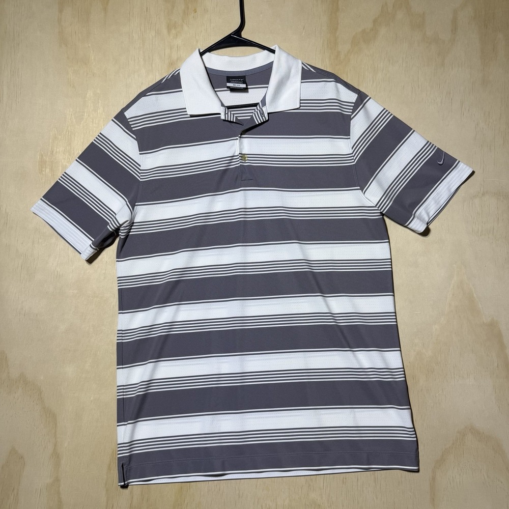 Nike Golf Dri-FIT Men's Large Gray White Striped Polo Shirt Short Sleeve Golf